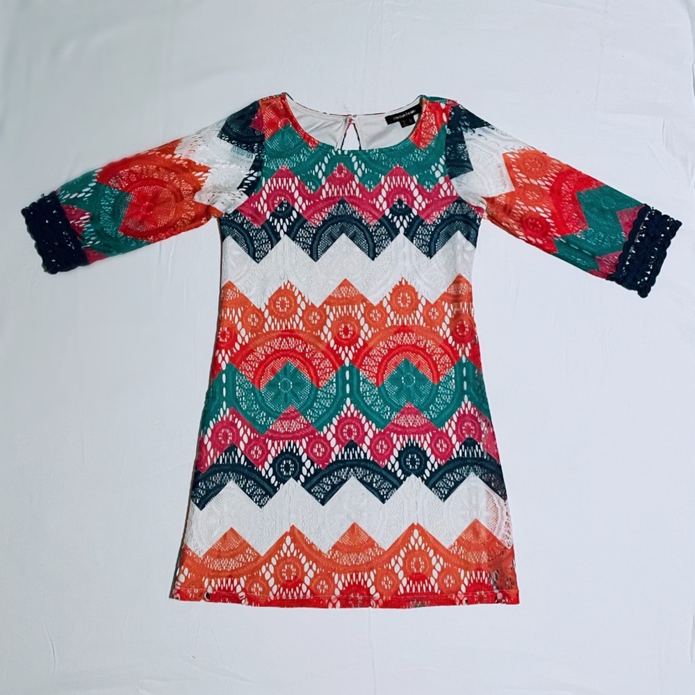 Girls Sz 10 Colorful Crocheted Lace Overlay Dress